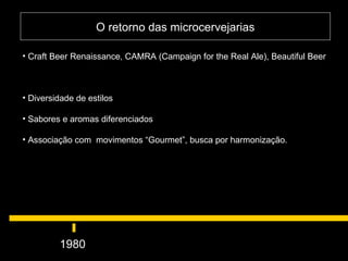 O retorno das microcervejarias 1980  Craft Beer Renaissance, CAMRA (Campaign for the Real Ale), Beautiful Beer  Diversidade de estilos Sabores e aromas diferenciados Associação com  movimentos “Gourmet”, busca por harmonização. 