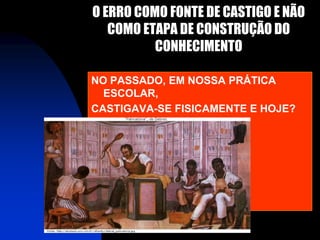 O ERRO COMO FONTE DE CASTIGO E NÃO
   COMO ETAPA DE CONSTRUÇÃO DO
          CONHECIMENTO

NO PASSADO, EM NOSSA PRÁTICA
  ESCOLAR,
CASTIGAVA-SE FISICAMENTE E HOJE?
 