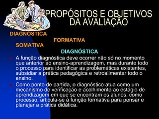 PROPÓSITOS E OBJETIVOS
                    DA AVALIAÇÃO
DIAGNÓSTICA
                    FORMATIVA
    SOMATIVA
                        DIAGNÓSTICA
   A função diagnóstica deve ocorrer não só no momento
    que anterior ao ensino-aprendizagem, mas durante todo
    o processo para identificar as problemáticas existentes,
    subsidiar a prática pedagógica e retroalimentar todo o
    ensino.
   Como ponto de partida, o diagnóstico atua como um
    mecanismo de verificação e acolhimento ao estágio de
    aprendizagem em que se encontram os alunos; como
    processo, articula-se à função formativa para pensar e
    planejar a prática didática.
 