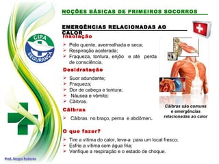 EMERGÊNCIAS RELACIONADAS AO
EMERGÊNCIAS RELACIONADAS AO
CALOR
CALOR
Insolação
 Pele quente, avermelhada e seca;
 Respiração acelerada;
 Fraqueza, tontura, enjôo e até perda
de consciência.
O que fazer?
 Tire a vítima do calor, leve-a para um local fresco;
 Esfrie a vítima com água fria;
 Verifique a respiração e o estado de choque.
Desidratação
 Suor adundante;
 Fraqueza;
 Dor de cabeça e tontura;
 Náusea e vômito;
 Cãibras.
Cãibras
 Cãibras no braço, perna e abdômen.
Cãibras são comuns
e emergências
relacionadas ao calor
NOÇÕES BÁSICAS DE PRIMEIROS SOCORROS
 