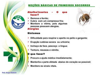 Abelha/Insetos - O que
fazer?
 Remova o ferrão;
 Cubra com um compressa fria;
 Monitore a vítima, pois algumas
pessoas possuem alergias.
Alergias
Sintomas
 Dificuldade para respirar e aperto no peito e garganta;
 Erupção cutânea severa ou urticária;
 Inchaço da face, pescoço e língua;
 Tontura, náuseas e vômito.
O que fazer?
 Procure a ajuda médica imediatamente;
 Mantenha a parte afetada abaixo do coração se possível;
 Monitore os sinais vitais.
NOÇÕES BÁSICAS DE PRIMEIROS SOCORROS
 
