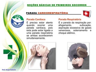 PARADA CARDIORESPIRATÓRIA
Parada Cardíaca
É preciso estar atento
quando ocorrer uma
parada cardíaca, pois
esta pode estar ligada a
uma parada respiratória
se ambas acontecerem
simultaneamente.
Parada Respiratória
É a parada da respiração por:
afogamento, sufocação,
aspiração excessiva de gases
venenosos, soterramento e
choque elétrico.
NOÇÕES BÁSICAS DE PRIMEIROS SOCORROS
 