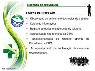 ETAPAS DE INSPEÇÃO
INSPEÇÃO DE SEGURANÇA
INSPEÇÃO DE SEGURANÇA
 Observação do ambiente e dos meios de trabalho;
 Coleta de informações;
 Registro de dados e elaboração do relatório;
 Apresentação nas reuniões da CIPA;
 Encaminhamento do relatório através do
Presidente da CIPA;
 Acompanhamento da implantação das medidas
recomendadas.
 