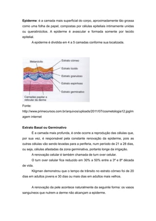 Epiderme: é a camada mais superficial do corpo, aproximadamente tão grossa
como uma folha de papel, compostas por células epiteliais intimamente unidas
ou queratinócitos. A epiderme é avascular e formada somente por tecido
epitelial.
A epiderme é dividida em 4 a 5 camadas conforme sua localizada.
Fonte:
http://www.primecursos.com.br/arquivos/uploads/2011/07/cosmetologia12.jpgIm
agem internet
Extrato Basal ou Germinativo
É a camada mais profunda, é onde ocorre a reprodução das células que,
por sua vez, é responsável pela constante renovação da epiderme, pois as
outras células vão sendo levadas para a periferia, num período de 21 a 28 dias,
ou seja, células afastadas da zona germinativa, portanto longe da irrigação.
A renovação celular é também chamada de turn over celular.
O turn over celular fica reduzido em 30% a 50% entre a 3ª e 8ª década
de vida.
Kligman demonstrou que o tempo de trânsito no estrato córneo foi de 20
dias em adultos jovens e 30 dias ou mais dias em adultos mais velhos.
A renovação da pele acontece naturalmente da seguinte forma: os vasos
sanguíneos que nutrem a derme não alcançam a epiderme.
 