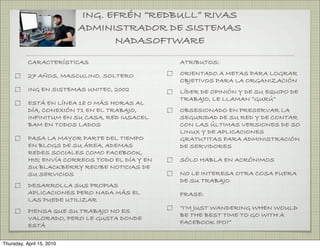 ING. EFRÉN “REDBULL” RIVAS
                           ADMINISTRADOR DE SISTEMAS
                                  NADASOFTWARE
           CARACTERÍSTICAS                       ATRIBUTOS:

           27 AÑOS, MASCULINO, SOLTERO           ORIENTADO A METAS PARA LOGRAR
                                                 OBJETIVOS PARA LA ORGANIZACIÓN
           ING EN SISTEMAS UNITEC, 2002          LÍDER DE OPINIÓN Y DE SU EQUIPO DE
                                                 TRABAJO, LE LLAMAN “GURÚ”
           ESTÁ EN LÍNEA 18 O MÁS HORAS AL
           DÍA, CONEXIÓN T1 EN EL TRABAJO,       OBSESIONADO EN PRESERVAR LA
           INFINITUM EN SU CASA, RED IUSACEL     SEGURIDAD DE SU RED Y DE CONTAR
           BAM EN TODOS LADOS                    CON LAS ÚLTIMAS VERSIONES DE SO
                                                 LINUX Y DE APLICACIONES
           PASA LA MAYOR PARTE DEL TIEMPO        GRATUTITAS PARA ADMINISTRACIÓN
           EN BLOGS DE SU ÁREA, ADEMAS           DE SERVIDORES
           REDES SOCIALES COMO FACEBOOK,
           HI5; ENVÍA CORREOS TODO EL DÍA Y EN   SÓLO HABLA EN ACRÓNIMOS
           SU BLACKBERRY RECIBE NOTICIAS DE
           SU SERVICIOS                          NO LE INTERESA OTRA COSA FUERA
                                                 DE SU TRABAJO
           DESARROLLA SUS PROPIAS
           APLICACIONES PERO NADA MÁS EL         FRASE:
           LAS PUEDE UTILIZAR
                                                 “I’M JUST WANDERING WHEN WOULD
           PIENSA QUE SU TRABAJO NO ES
                                                 BE THE BEST TIME TO GO WITH A
           VALORADO, PERO LE GUSTA DONDE
                                                 FACEBOOK IPO?”
           ESTÁ

Thursday, April 15, 2010
 