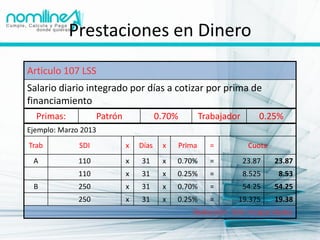 Prestaciones en Dinero
Articulo 107 LSS
Salario diario integrado por días a cotizar por prima de
financiamiento
  Primas:           Patrón              0.70%        Trabajador       0.25%
Ejemplo: Marzo 2013
Trab          SDI            x   Días    x   Prima     =           Cuota
 A            110            x   31      x   0.70%     =          23.87    23.87
              110            x   31      x   0.25%     =          8.525     8.53
 B            250            x   31      x   0.70%     =          54.25    54.25
              250            x   31      x   0.25%     =      19.375       19.38
                                                Deducción: Sólo incapacidades
 
