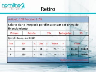 Retiro
Articulo 168 Fracción I LSS
Salario diario integrado por días a cotizar por prima de
financiamiento
  Primas:          Patrón           2%           Trabajador         0%

Ejemplo: Marzo– Abril 2013

Trab         SDI         x   Días   x    Prima      =          Cuota

 A           110         x   61     x     2%        =      134.20      134.20

 B           250         x   61     x     2%        =      305.00      305.00

                                                  Deducción: Sólo ausentismo
 