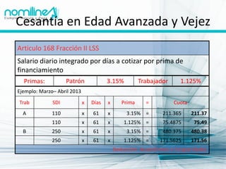 Cesantía en Edad Avanzada y Vejez
Articulo 168 Fracción II LSS
Salario diario integrado por días a cotizar por prima de
financiamiento
  Primas:           Patrón              3.15%          Trabajador      1.125%
Ejemplo: Marzo– Abril 2013
Trab          SDI            x   Días   x      Prima     =          Cuota
  A           110            x   61     x        3.15% =        211.365     211.37
              110            x   61     x       1.125% =        75.4875      75.49
  B           250            x   61     x        3.15% =        480.375     480.38
              250            x   61     x       1.125% =       171.5625     171.56
                                            Deducción: Ausentismos e incapacidades
 