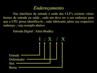 Endereçamento
Nas interfaces de entrada e saída dos CLP’s existem vários
bornes de entrada ou saída , cada um deve ter o seu endereço para
que a CPU possa identifica-lo , cada fabricante adota seu respectivo
endereço , veja exemplo abaixo:
Entrada Digital : Allen Bradley
I : X / X
Entrada
Delimitador
Slot
Borne
 