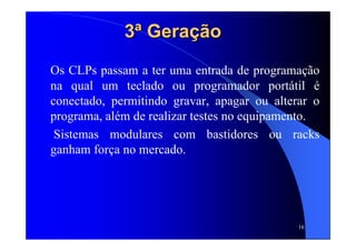 16
3ª Geração3ª Geração
Os CLPs passam a ter uma entrada de programação
na qual um teclado ou programador portátil é
conectado, permitindo gravar, apagar ou alterar o
programa, além de realizar testes no equipamento.
Sistemas modulares com bastidores ou racks
ganham força no mercado.
 