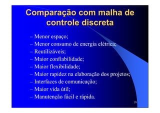 28
ComparaComparaçãção com malha deo com malha de
controle discretacontrole discreta
– Menor espaço;
– Menor consumo de energia elétrica;
– Reutilizáveis;
– Maior confiabilidade;
– Maior flexibilidade;
– Maior rapidez na elaboração dos projetos;
– Interfaces de comunicação;
– Maior vida útil;
– Manutenção fácil e rápida.
 