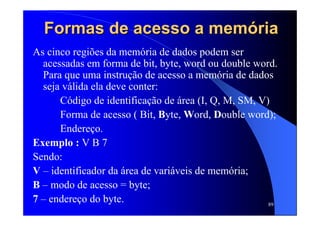 89
Formas de acesso a memFormas de acesso a memóóriaria
As cinco regiões da memória de dados podem ser
acessadas em forma de bit, byte, word ou double word.
Para que uma instrução de acesso a memória de dados
seja válida ela deve conter:
Código de identificação de área (I, Q, M, SM, V)
Forma de acesso ( Bit, Byte, Word, Double word);
Endereço.
Exemplo : V B 7
Sendo:
V – identificador da área de variáveis de memória;
B – modo de acesso = byte;
7 – endereço do byte.
 