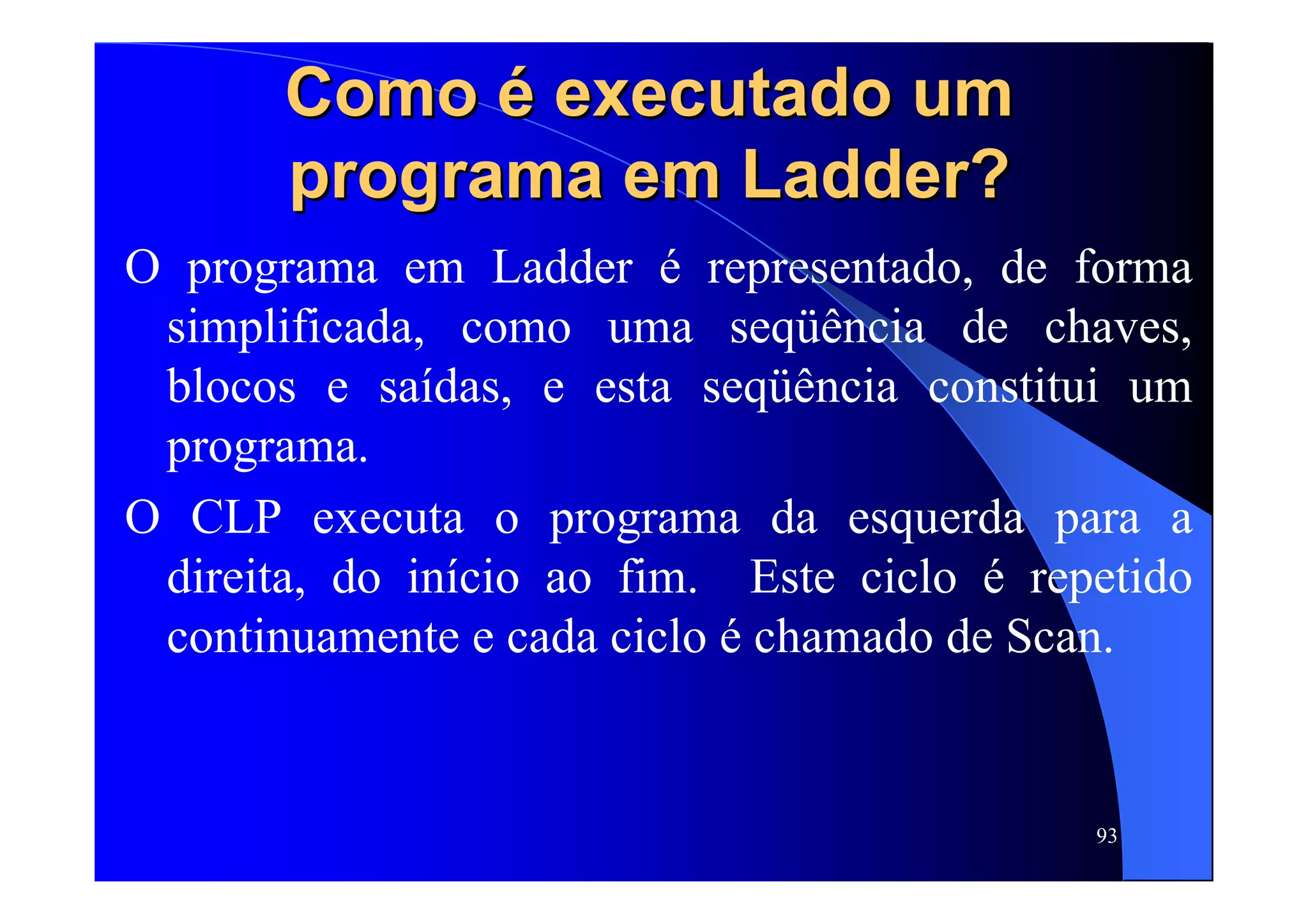 93
ComoComo éé executado umexecutado um
programa emprograma em LadderLadder??
O programa em Ladder é representado, de forma
simplificada, como uma seqüência de chaves,
blocos e saídas, e esta seqüência constitui um
programa.
O CLP executa o programa da esquerda para a
direita, do início ao fim. Este ciclo é repetido
continuamente e cada ciclo é chamado de Scan.
 