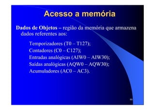 88
Acesso a memAcesso a memóóriaria
Dados de Objetos – região da memória que armazena
dados referentes aos:
Temporizadores (T0 – T127);
Contadores (C0 – C127);
Entradas analógicas (AIW0 – AIW30);
Saídas analógicas (AQW0 – AQW30);
Acumuladores (AC0 – AC3).
 
