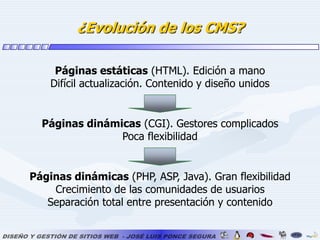 ¿Evolución de los CMS?Páginas estáticas (HTML). Edición a manoDifícil actualización. Contenido y diseño unidosPáginas dinámicas (CGI). Gestores complicadosPoca flexibilidadPáginas dinámicas (PHP, ASP, Java). Gran flexibilidadCrecimiento de las comunidades de usuariosSeparación total entre presentación y contenido