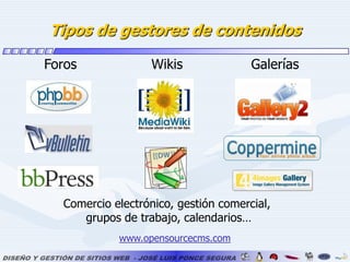 Tipos de gestores de contenidosForosWikisGaleríasComercio electrónico, gestión comercial, grupos de trabajo, calendarios…www.opensourcecms.com