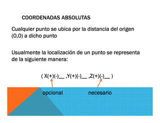 Cualquier punto se ubica por la distancia del origen
(0,0) a dicho punto
Usualmente la localización de un punto se representa
de la siguiente manera:
( X(+)(-)__ ,Y(+)(-)__ ,Z(+)(-)__ )
opcional necesario
COORDENADAS ABSOLUTAS
 