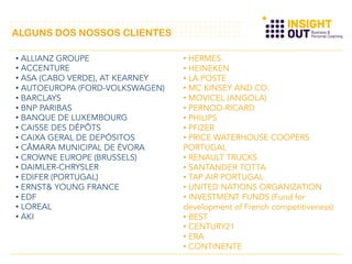 ALGUNS DOS NOSSOS CLIENTES
• ALLIANZ GROUPE
• ACCENTURE
• ASA (CABO VERDE), AT KEARNEY
• AUTOEUROPA (FORD-VOLKSWAGEN)
• BARCLAYS
• BNP PARIBAS
• BANQUE DE LUXEMBOURG
• CAISSE DES DÉPÔTS
• CAIXA GERAL DE DEPÓSITOS
• CÂMARA MUNICIPAL DE ÉVORA
• CROWNE EUROPE (BRUSSELS)
• DAIMLER-CHRYSLER
• EDIFER (PORTUGAL)
• ERNST& YOUNG FRANCE
• EDF
• LOREAL
• AKI
• HERMES
• HEINEKEN
• LA POSTE
• MC KINSEY AND CO.
• MOVICEL (ANGOLA)
• PERNOD-RICARD
• PHILIPS
• PFIZER
• PRICE WATERHOUSE COOPERS
PORTUGAL
• RENAULT TRUCKS
• SANTANDER TOTTA
• TAP AIR PORTUGAL
• UNITED NATIONS ORGANIZATION
• INVESTMENT FUNDS (Fund for
development of French competitiveness)
• BEST
• CENTURY21
• ERA
• CONTINENTE
 