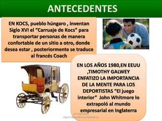 ANTECEDENTES
EN KOCS, pueblo húngaro , inventan
Siglo XVI el “Carruaje de Kocs” para
transportar personas de manera
confortable de un sitio a otro, donde
desea estar , posteriormente se traduce
al francés Coach

EN LOS AÑOS 1980,EN EEUU
,TIMOTHY GALWEY
ENFATIZO LA IMPORTANCIA
DE LA MENTE PARA LOS
DEPORTISTAS “El juego
interior” John Whitmore lo
extrapoló al mundo
empresarial en Inglaterra
@molybonilla
mgarcia@andaluciaemprende.es

 