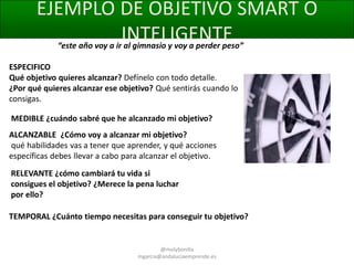 EJEMPLO DE OBJETIVO SMART O
INTELIGENTE
“este año voy a ir al gimnasio y voy a perder peso”
ESPECIFICO
Qué objetivo quieres alcanzar? Defínelo con todo detalle.
¿Por qué quieres alcanzar ese objetivo? Qué sentirás cuando lo
consigas.
MEDIBLE ¿cuándo sabré que he alcanzado mi objetivo?
ALCANZABLE ¿Cómo voy a alcanzar mi objetivo?
qué habilidades vas a tener que aprender, y qué acciones
específicas debes llevar a cabo para alcanzar el objetivo.

RELEVANTE ¿cómo cambiará tu vida si
consigues el objetivo? ¿Merece la pena luchar
por ello?
TEMPORAL ¿Cuánto tiempo necesitas para conseguir tu objetivo?

@molybonilla
mgarcia@andaluciaemprende.es

 