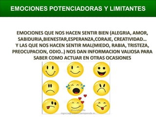 EMOCIONES POTENCIADORAS Y LIMITANTES

EMOCIONES QUE NOS HACEN SENTIR BIEN (ALEGRIA, AMOR,
SABIDURIA,BIENESTAR,ESPERANZA,CORAJE, CREATIVIDAD…
Y LAS QUE NOS HACEN SENTIR MAL(MIEDO, RABIA, TRISTEZA,
PREOCUPACION, ODIO..) NOS DAN INFORMACION VALIOSA PARA
SABER COMO ACTUAR EN OTRAS OCASIONES

@molybonilla
mgarcia@andaluciaemprende.es

 