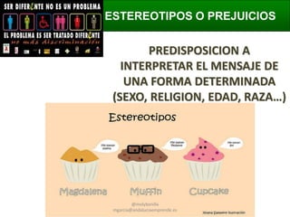 ESTEREOTIPOS O PREJUICIOS

PREDISPOSICION A
INTERPRETAR EL MENSAJE DE
UNA FORMA DETERMINADA
(SEXO, RELIGION, EDAD, RAZA…)

@molybonilla
mgarcia@andaluciaemprende.es

 
