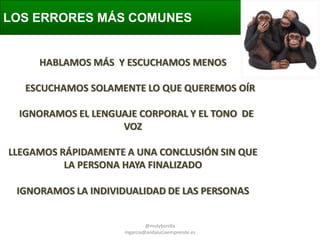 LOS ERRORES MÁS COMUNES

HABLAMOS MÁS Y ESCUCHAMOS MENOS
ESCUCHAMOS SOLAMENTE LO QUE QUEREMOS OÍR
IGNORAMOS EL LENGUAJE CORPORAL Y EL TONO DE
VOZ

LLEGAMOS RÁPIDAMENTE A UNA CONCLUSIÓN SIN QUE
LA PERSONA HAYA FINALIZADO
IGNORAMOS LA INDIVIDUALIDAD DE LAS PERSONAS
@molybonilla
mgarcia@andaluciaemprende.es

 