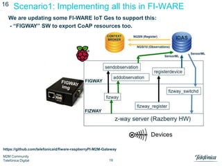 16

Scenario1: Implementing all this in FI-WARE

We are updating some FI-WARE IoT Ges to support this:
- “FIGWAY” SW to export CoAP resources too.

https://github.com/telefonicaid/fiware-raspberryPI-M2M-Gateway
M2M Community
Telefónica Digital

19

 