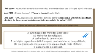 Ano 2000 – Errar é humano” (“To err is human”), pelo IOM*.
*Institute of Medicine - IOM. To Err Is Human. Report from the Institute of Medicine (IOM). Washington, DC: National Academy Press; 2000.
Ano 2009 – OMS, segurança do paciente é definida como “a redução, a um mínimo aceitável,
do risco de dano desnecessário associado ao cuidado de saúde”, OMS.
1- Erros em medicina laboratorial - desempenho analítico de cada exame
A automação dos métodos analíticos;
As melhorias tecnológicas;
A padronização de métodos;
A definição regras bem definidas para controle interno da qualidade;
Os programas de controle externo da qualidade mais efetivos;
e Capacitação do pessoal.
Ano 1990 – Acúmulo de evidências demonstrou a vulnerabilidade das fases pré e pós-analíticas.
 