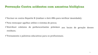 Vacinar-se contra Hepatite B (realizar o Anti-HBs para verificar imunidade);
Para reencapar agulhas utilize o sistema de pesca;
Distribuir coletores de perfurocortantes próximos
resíduos;
aos locais de geração desses
Treinamento e palestras educativas para os profissionais.
23
 