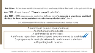*Institute of Medicine - IOM. To Err Is Human. Report from the Institute of Medicine (IOM). Washington, DC: National Academy Press; 2000.
Ano 1990 – Acúmulo de evidências demonstrou a vulnerabilidade das fases pré e pós-analíticas.
Ano 2000 – Errar é humano” (“To err is human”), pelo IOM*.
Ano 2009 – OMS, segurança do paciente é definida como “a redução, a um mínimo aceitável,
do risco de dano desnecessário associado ao cuidado de saúde”, OMS.
1- Erros em medicina laboratorial - desempenho analítico de cada exame
A automação dos métodos analíticos;
As melhorias tecnológicas;
A padronização de métodos;
A definição regras bem definidas para controle interno da qualidade;
Os programas de controle externo da qualidade mais efetivos;
e Capacitação do pessoal.
 