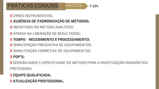 PRÁTICAS COMUNS ANALÍTICA
X ERROS INSTRUMENTAIS;
X AUSÊNCIA DE PADRONIZAÇÃO DE MÉTODOS;
X INEXATIDÃO DO MÉTODO ANALÍTICO;
X ATRASO NA LIBERAÇÃO DE RESULTADOS;
X TEMPO – RECEBIMENTO X PROCESSAMENTO;
X MANUTENÇÃO PREVENTIVA DE EQUIPAMENTOS;
X MANUTENÇÃO CORRETIVA DE EQUIPAMENTOS;
X POP’S;
X SENSIBILIDADE E ESPECIFICADE DO MÉTODO PARA A INVESTIGAÇÃO DIAGNÓSTICA
PRETENDIDA;
X EQUIPE QUALIFICADA;
X ATUALIZAÇÃO PROFISSIONAL.
7-13%
 