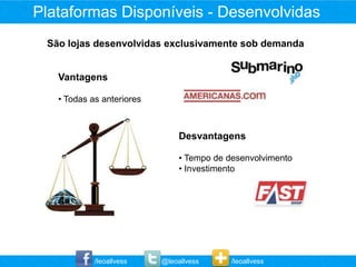 Plataformas Disponíveis - Desenvolvidas
 São lojas desenvolvidas exclusivamente sob demanda


   Vantagens

   • Todas as anteriores



                                Desvantagens

                                • Tempo de desenvolvimento
                                • Investimento




            /leoallvess    @leoallvess      /leoallvess
 