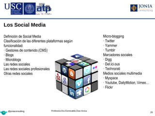 Los Social Media

Definición de Social Media                                            Micro-blogging
Clasificación de las diferentes plataformas según                     · Twitter
funcionalidad:                                                        · Yammer
· Gestores de contenido (CMS)                                         · Tumblr
· Blogs                                                               Marcadores sociales
· Microblogs                                                          · Digg
Las redes sociales                                                    · Del.ici.ous
Las redes sociales profesionales                                      · Technorati
Otras redes sociales                                                  Medios sociales multimedia
                                                                      · Myspace
                                                                      · Youtube, DailyMotion, Vimeo…
                                                                      · Flickr




   @joniaconsulting              Profesora Dra Esmeralda Díaz-Aroca
                                                                                                       28
 