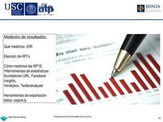 Medición de resultados:

Qué medimos: IOR

Elección de KPI’s

Cómo medimos las KP’IS
•Herramientas de estadísticas:
Acortadores URL, Facebook
Insights,
•Analytics, Twitteranalyzer

Herramientas de exportación
datos: export.ly


  @joniaconsulting               Profesora Dra Esmeralda Díaz-Aroca
                                                                      33
 