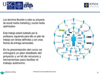 Los alumnos llevarán a cabo su proyecto
de social media marketing y social media
optimization

Este trabajo estará tutelado por la
profesora, siguiendo para ello un plan de
trabajo con tareas definidas y con unas
fechas de entrega semanales.

En la presentación del curso se
entregará un plan detallado del
proyecto y un kit de recursos y
herramientas para facilitar el
trabajo autónomo.


 @joniaconsulting            Profesora Dra Esmeralda Díaz-Aroca
                                                                  37
 