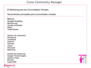Curso Community Manager

El Marketing para las Comunidades Virtuales

Herramientas principales para comunidades virtuales

Metrica:




                                                      Juan Francisco Ruiz - laminarrieta@gmail.com
Google Analytics
Mentionmap
Google Url Builder
Alexa
TwitterGrader


Gestion de contenidos:
Wordpress
Tweetdeck
Seesmic
Ustream
Jaycut
Hootsuite
Mailchimp

Analisis de tendencias
Google Trends/Insights
Addict-o-matic
Brandfo
SugarCRM
 