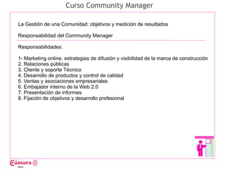 Curso Community Manager

La Gestión de una Comunidad: objetivos y medición de resultados

Responsabilidad del Community Manager

Responsabilidades:




                                                                                         Juan Francisco Ruiz - laminarrieta@gmail.com
1- Marketing online, estrategias de difusión y visibilidad de la marca de construcción
2. Relaciones públicas
3. Cliente y soporte Técnico
4. Desarrollo de productos y control de calidad
5. Ventas y asociaciones empresariales
6. Embajador interno de la Web 2.0
7. Presentación de informes
8. Fijación de objetivos y desarrollo profesional
 
