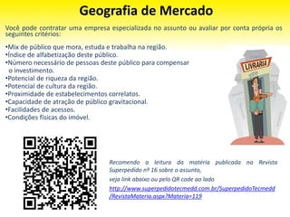 Geografia de Mercado
Você pode contratar uma empresa especializada no assunto ou avaliar por conta própria os
seguintes critérios:
•Mix de público que mora, estuda e trabalha na região.
•Índice de alfabetização deste público.
•Número necessário de pessoas deste público para compensar
o investimento.
•Potencial de riqueza da região.
•Potencial de cultura da região.
•Proximidade de estabelecimentos correlatos.
•Capacidade de atração de público gravitacional.
•Facilidades de acessos.
•Condições físicas do imóvel.
Recomendo a leitura da matéria publicada na Revista
Superpedido nº 16 sobre o assunto,
veja link abaixo ou pelo QR code ao lado
http://www.superpedidotecmedd.com.br/SuperpedidoTecmedd
/RevistaMateria.aspx?Materia=119
 
