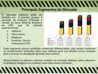Principais Segmentos do Mercado
O Mercado editorial pode ser
dividido em 4 grandes grupos, à
exemplo da Pesquisa Produção e
Vendas do Setor Editorial Brasileiro
da FIPE, que foi utilizada
anteriormente:
1. Didáticos
2. Obras Gerais
3. Religiosos
4. Científico, Técnico
Profissional (CTP)
Cada segmento possui condições comerciais diferenciadas, que variam conforme
os investimentos realizados pelas suas editoras para sua adoção (Livros voltados
para o ensino) ou divulgação (grandes best-sellers).
Muito embora os maiores volumes estejam no mercado didático, estes oferecem
as menores margens e os maiores riscos para novos entrantes.
 