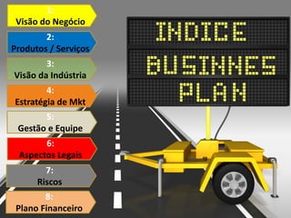 1:
Visão do Negócio
2:
Produtos / Serviços
3:
Visão da Indústria
4:
Estratégia de Mkt
5:
Gestão e Equipe
6:
Aspectos Legais
7:
Riscos
8:
Plano Financeiro
 