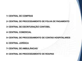 1• CENTRAL DE COMPRAS
2• CENTRAL DE PROCESSAMENTO DE FOLHA DE PAGAMENTO
3• CENTRAL DE ESCRITURAÇÃO CONTÁBIL
6• CENTRAL JURÍDICA
5• CENTRAL DE PROCESSAMENTO DE CONTAS HOSPITALARES
4• CENTRAL COMERCIAL
7• CENTRAL DE AMBULÂNCIAS
8• CENTRAL DE PROCESSAMENTO DE ROUPAS
 