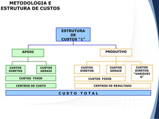 ESTRUTURA
DE
CUSTOS “1”
APOIO PRODUTIVO
CUSTOS
DIRETOS
CUSTOS
GERAIS
CUSTOS FIXOS
CUSTOS
DIRETOS
CUSTOS
GERAIS
CENTROS DE CUSTO
CUSTOS FIXOS
CUSTOS
DIRETOS
“VARIÁVEI
S”
CENTROS DE RESULTADO
C U S T O T O T A L
METODOLOGIA E
ESTRUTURA DE CUSTOS
 