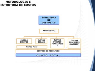 ESTRUTURA
DE
CUSTOS “2”
PRODUTIVO
CUSTOS
DIRETOS
CUSTOS
GERAIS
Custos Fixos
CUSTOS
DIRETOS
“VARIÁVEIS
”
CENTROS DE RESULTADO
C U S T O T O T A L
CUSTOS
INDIRETOS
(RATEIOS)
METODOLOGIA E
ESTRUTURA DE CUSTOS
 