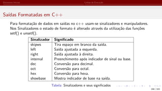 Elementos Iniciais Linhas de Execução
Saídas Formatadas em C++
Para formatação de dados em saídas no c++ usam-se sinalizadores e manipuladores.
Nos Sinalizadores o estado de formato é alterado através da utilização das funções
setf() e unsetf().
Sinalizador Significado
skipws Tira espaço em branco da saída.
left Saída ajustada a esquerda.
right Saída ajustada à direita.
internal Preenchimento após indicador de sinal ou base.
dec Conversão para decimal.
oct Conversão para octal.
hex Conversão para hexa.
showbase Mostra indicador de base na saída.
Tabela: Sinalizadores e seus significados
168 / 183
 