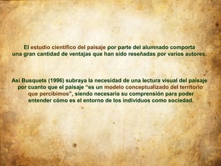 El estudio científico del paisaje por parte del alumnado comporta
una gran cantidad de ventajas que han sido reseñadas por varios autores.



Así Busquets (1996) subraya la necesidad de una lectura visual del paisaje
  por cuanto que el paisaje “es un modelo conceptualizado del territorio
      que percibimos”, siendo necesaria su comprensión para poder
      entender cómo es el entorno de los individuos como sociedad.
 