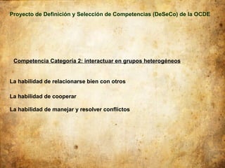 Proyecto de Definición y Selección de Competencias (DeSeCo) de la OCDE




 Competencia Categoría 2: interactuar en grupos heterogéneos


La habilidad de relacionarse bien con otros

La habilidad de cooperar

La habilidad de manejar y resolver conflictos
 