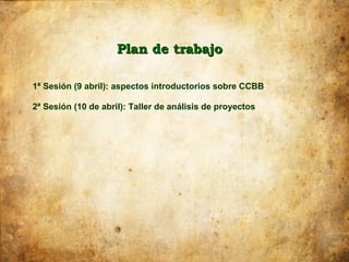 Plan de trabajo

1ª Sesión (9 abril): aspectos introductorios sobre CCBB

2ª Sesión (10 de abril): Taller de análisis de proyectos
 