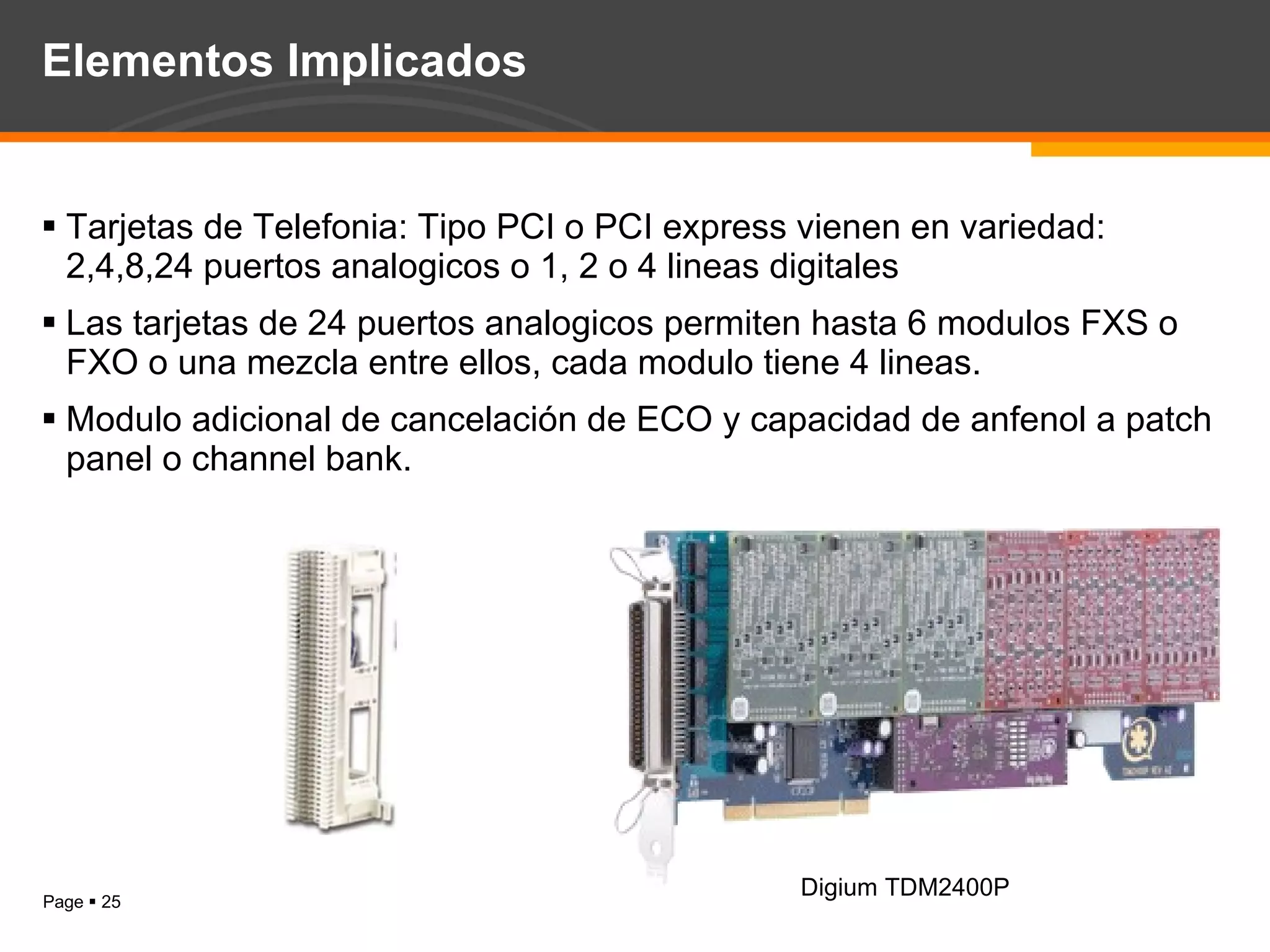 Elementos Implicados Tarjetas de Telefonia: Tipo PCI o PCI express vienen en variedad: 2,4,8,24 puertos analogicos o 1, 2 o 4 lineas digitales Las tarjetas de 24 puertos analogicos permiten hasta 6 modulos FXS o FXO o una mezcla entre ellos, cada modulo tiene 4 lineas. Modulo adicional de cancelación de ECO y capacidad de anfenol a patch panel o channel bank. Digium TDM2400P 