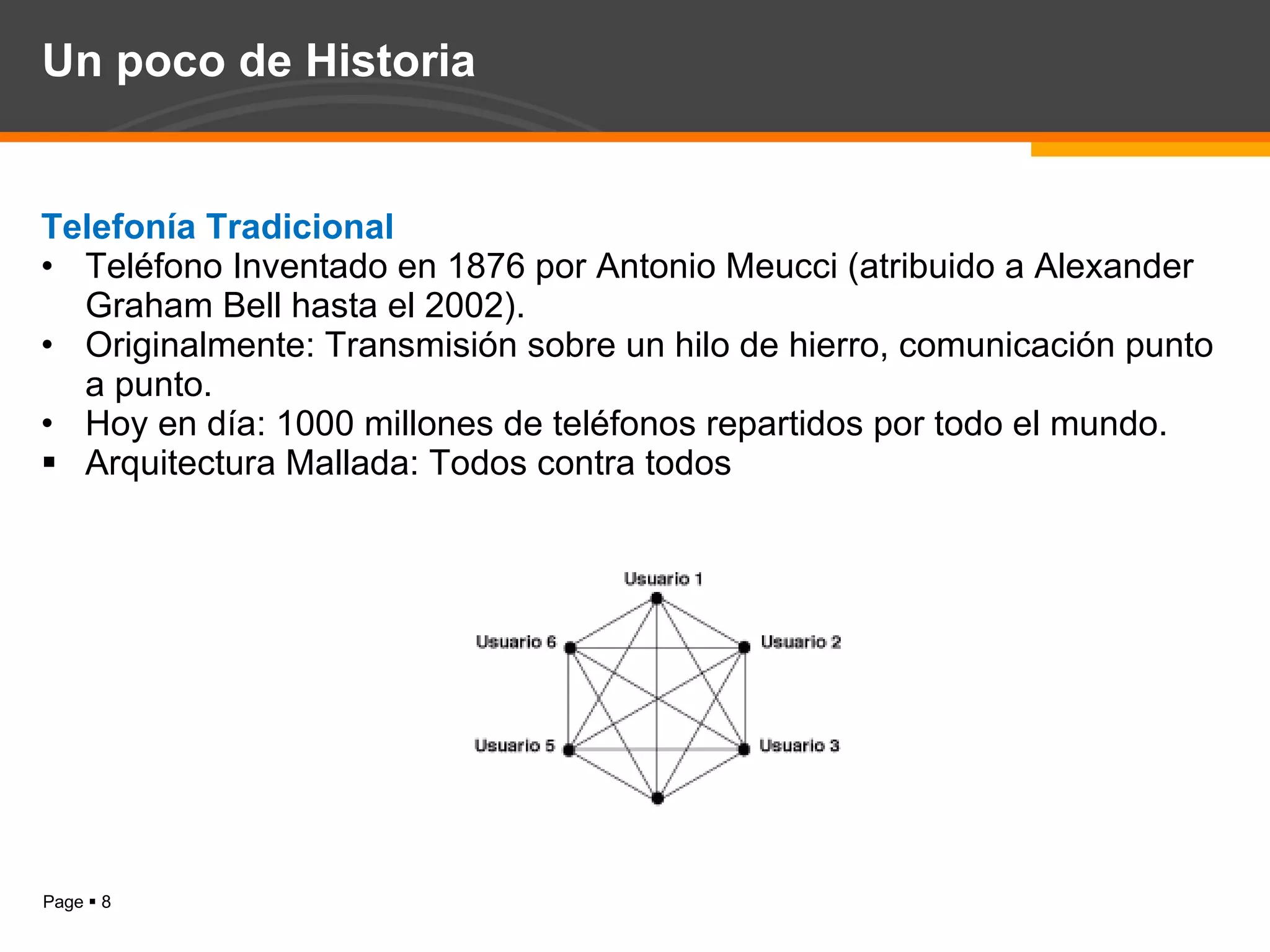 Un poco de Historia Telefonía Tradicional Teléfono Inventado en 1876 por Antonio Meucci (atribuido a Alexander Graham Bell hasta el 2002). Originalmente: Transmisión sobre un hilo de hierro, comunicación punto a punto. Hoy en día: 1000 millones de teléfonos repartidos por todo el mundo. Arquitectura Mallada: Todos contra todos 